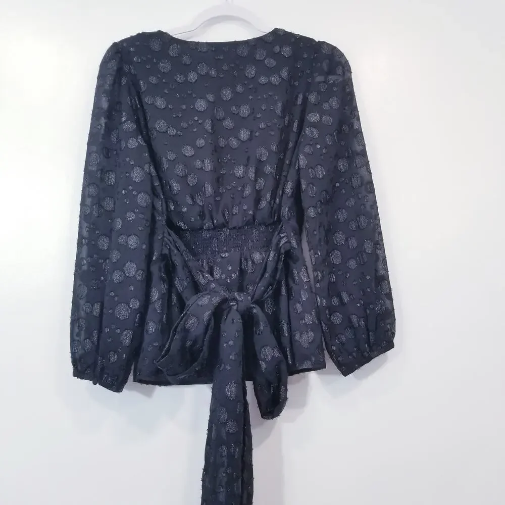 J. Crew Black Polka Metallic Dot Jacquard Blouse V-Neckline Tie Waist